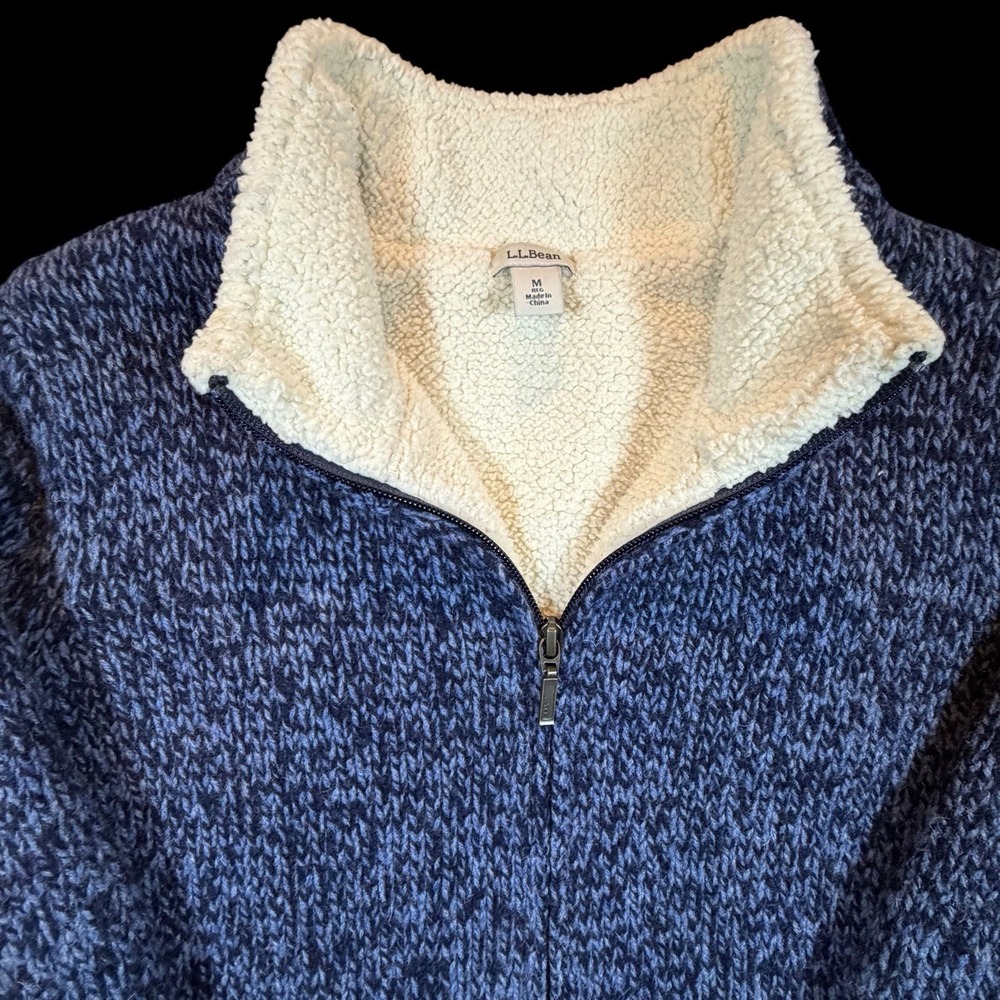 LL Bean Womens Ragg Wool Sherpa Lined Cardigan Jacket Size Medium Blue Cream